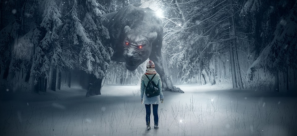 Winter Monster Fantasy Snow Girl Forest Dog